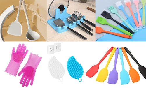 Custom silicone kitchen utensils including spatulas, brushes, gloves and cooking accessories