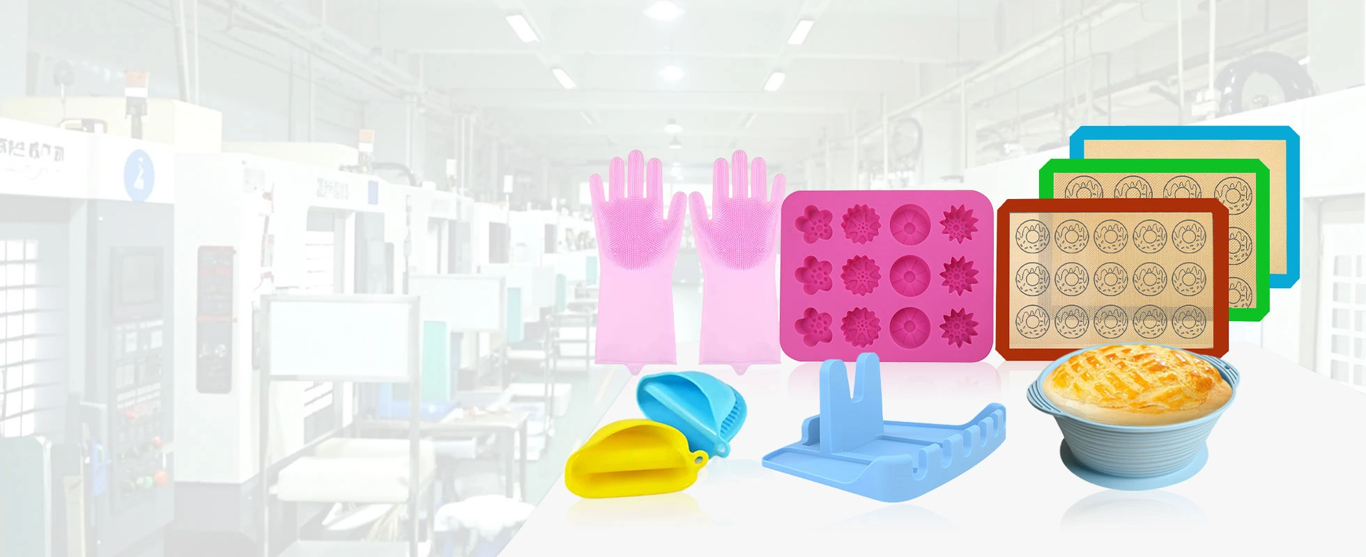 Custom silicone kitchenware products including baking molds, oven gloves, utensils and food grade accessories manufacturer