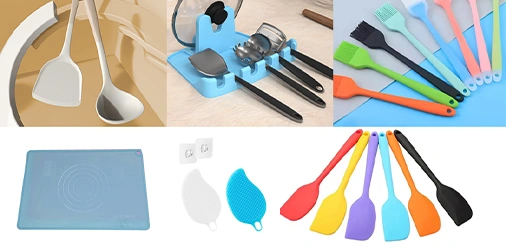 Silicone kitchen tools and home products including utensils and baking molds