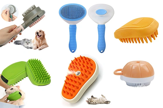 Silicone pet grooming brushes, bath scrubbers, massage tools, and interactive pet toys