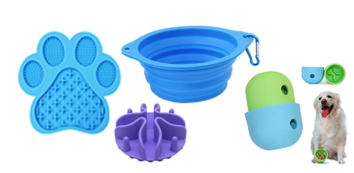 Silicone pet accessories including feeding mats, toys, and grooming tools