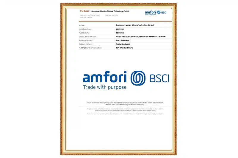 BSCI audit certificate for Dongguan Haotian Silicone Technology Co., Ltd.