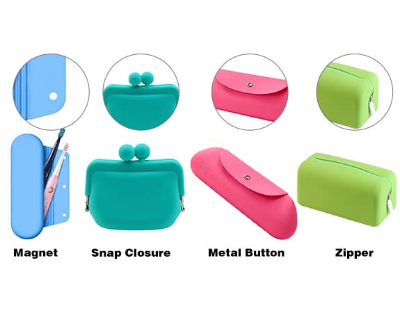 Custom silicone bag closure designs including magnetic, zipper, and press seal options