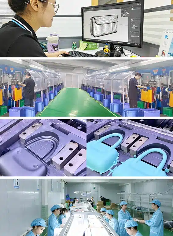 Visual overview of the custom silicone bag development process, including product design, prototype molding, production line operation, and quality-controlled assembly.