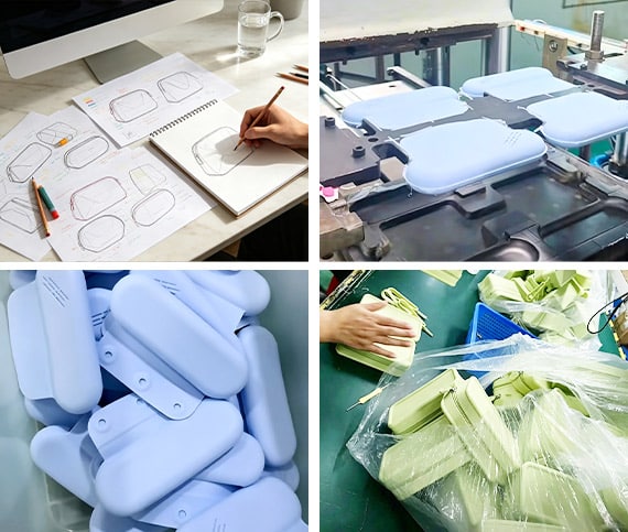 Overview of custom silicone bag production process including design sketches, prototype molding, material inspection, and packaging.
