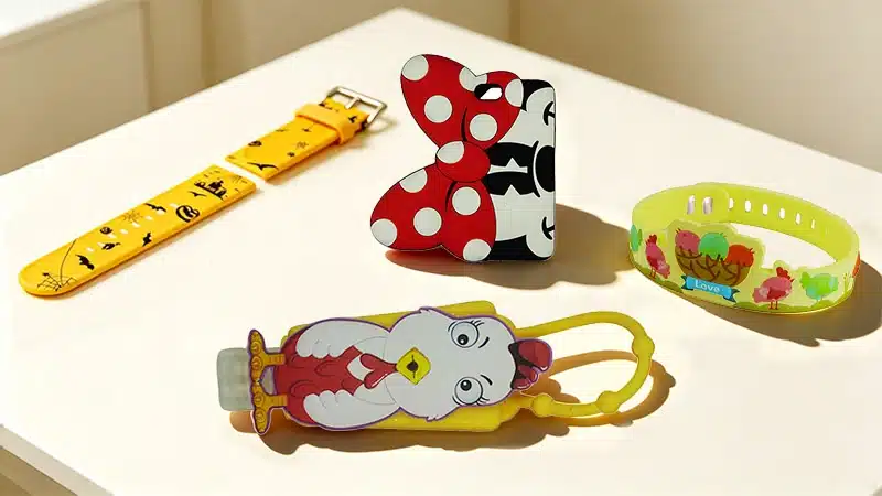 Colorful silicone consumer products and promotional items including wristbands, keychains, and bottle sleeves