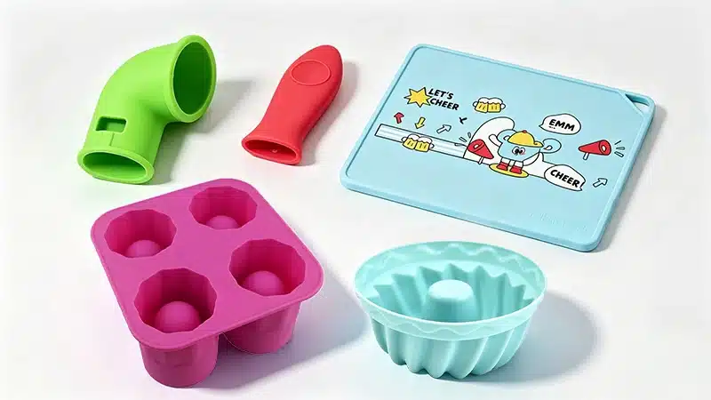 Silicone kitchenware including molds, mats, and utensil covers for home cooking and baking