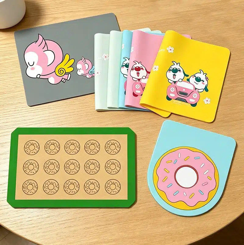 Colorful silicone kitchenware and bakeware including mats, molds, and baking accessories