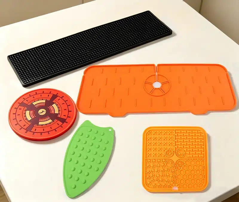 Custom silicone mats and anti-slip pads in multiple colors and textures for home, kitchen, and automotive use