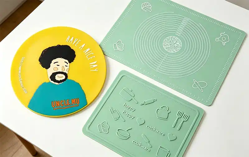 Custom silicone baking mats with logo printing and embossed patterns on a table