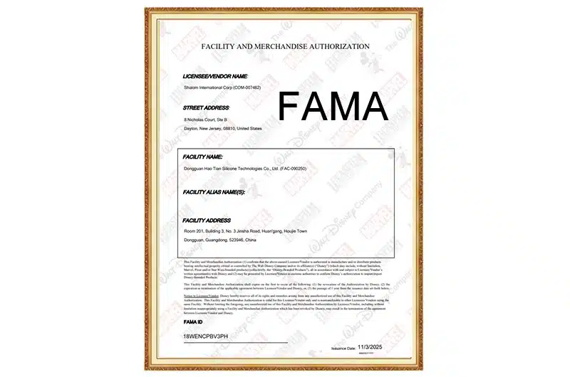 Disney FAMA license certificate for authorized silicone manufacturing facility