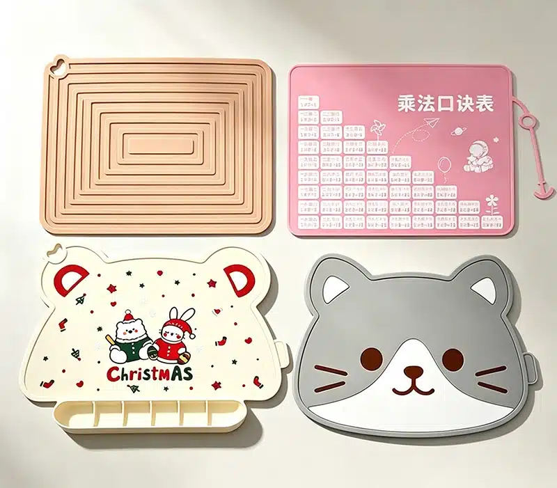 Custom silicone mats with various surface textures, shapes, and structural designs