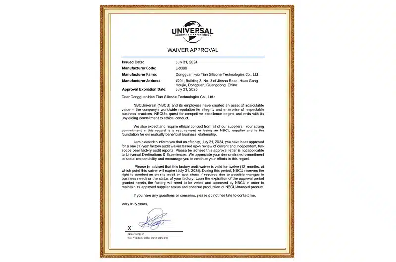 Universal Studios waiver approval for licensed silicone product manufacturing