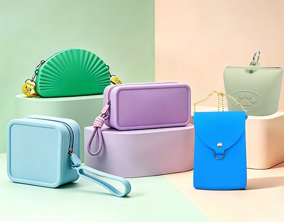 Custom silicone bags with various accessories including shoulder straps wrist straps and handles