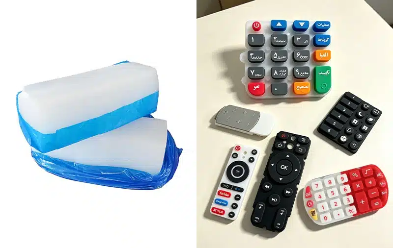 Custom silicone buttons made from molded silicone material for electronic and remote control applications