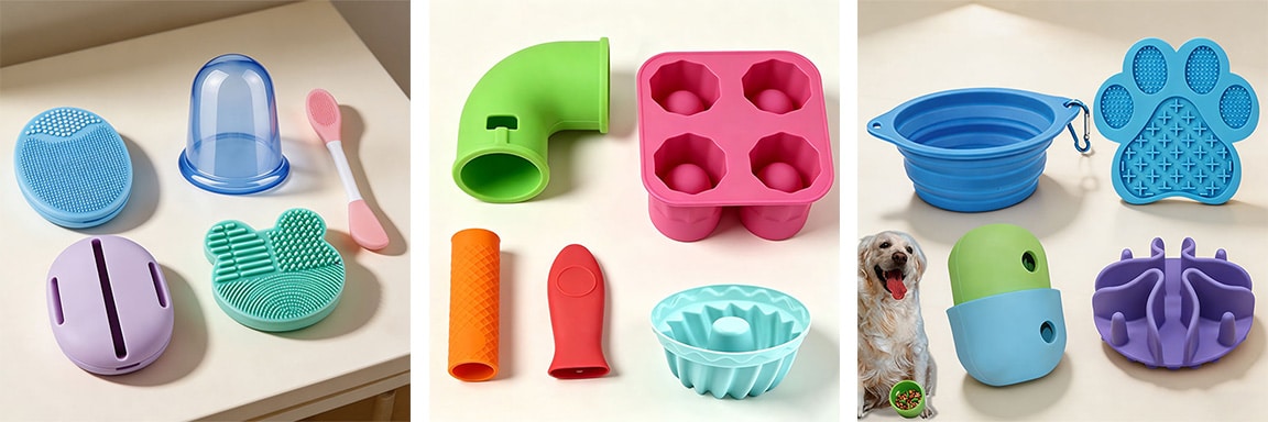 Custom silicone consumer products including pet bowls, grooming tools, kitchen molds and OEM silicone accessories