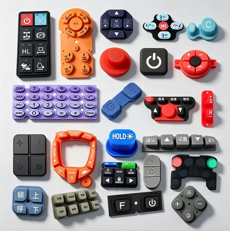 Custom silicone keypads and rubber buttons with pad printing — various shapes, colors, and legend printing for remote controls, industrial controllers, and consumer electronics
