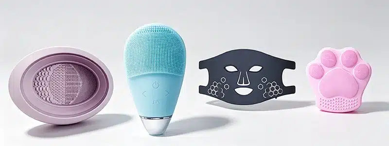 Silicone personal care tools and beauty accessories, such as brushes, massage pads, and applicators.