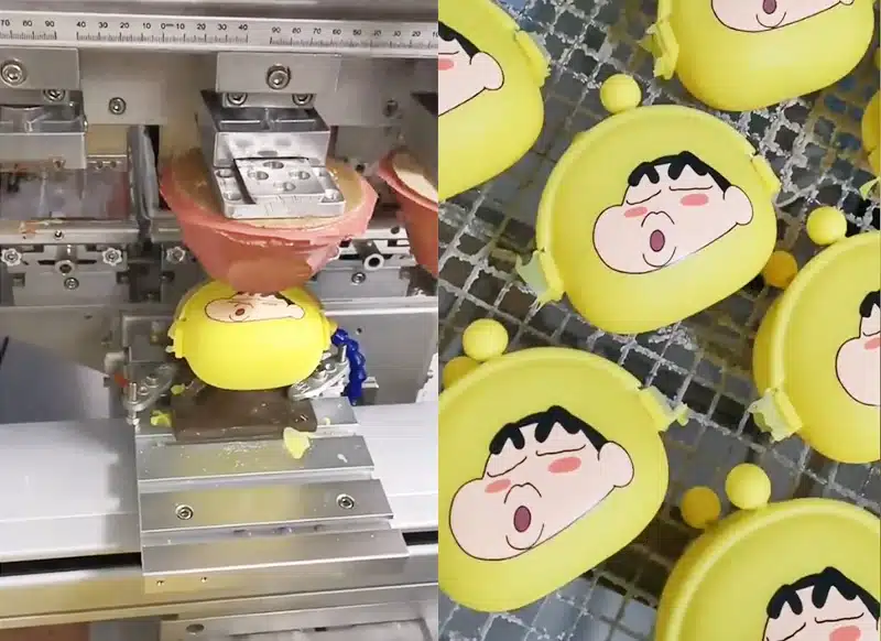 Workers performing pad printing on silicone products, ensuring precision and accurate design transfer.