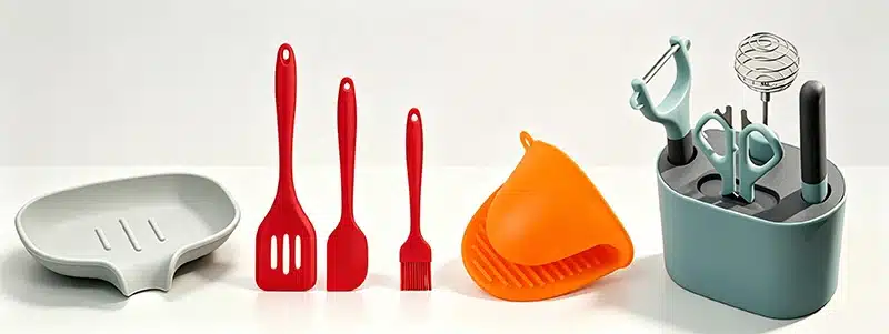 Colorful silicone kitchen tools and accessories including spatulas, oven mitts, and utensil holders.