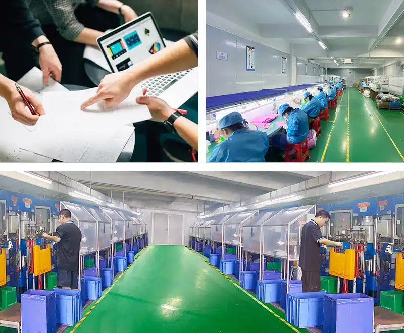 Production line for custom silicone products with pad printing support, showing quality inspection and assembly.