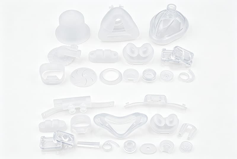 Custom medical silicone components manufactured for healthcare devices, including masks, seals, connectors, and precision molded parts.