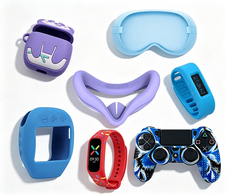 Custom silicone components for consumer electronics, including smartwatch bands, game controller covers, wearable device parts, protective cases, and ergonomic silicone accessories.