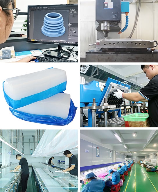 Complete silicone manufacturing process including design, prototyping, molding, assembly, and quality inspection for industrial applications.