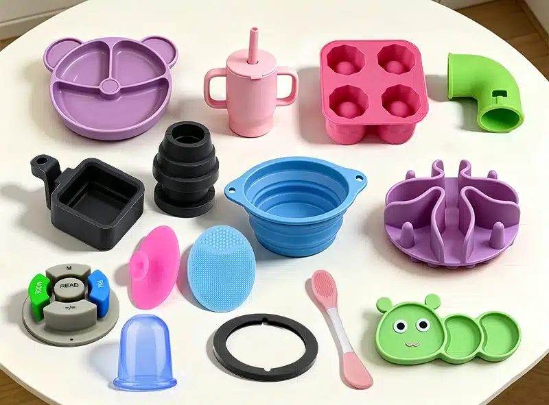 Variety of custom silicone products including molds, utensils, and caps