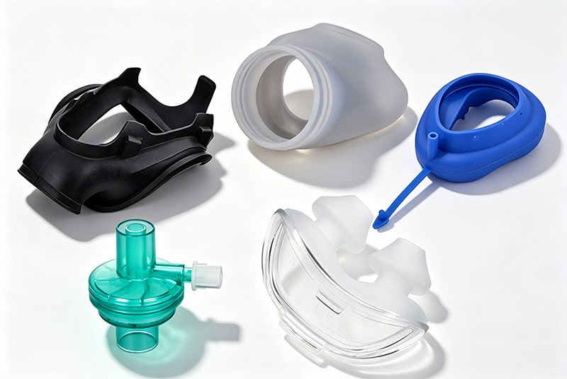 Medical silicone respiratory masks, breathing device components, connectors, and custom molded parts for respiratory care equipment.
