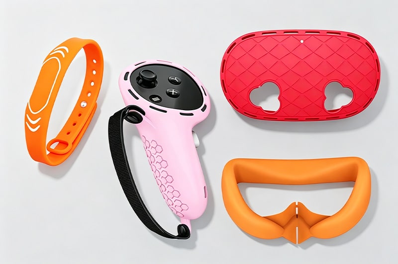 Custom silicone wearable device components including smartwatch bands, VR headset cushions, protective covers, and ergonomic silicone parts.
