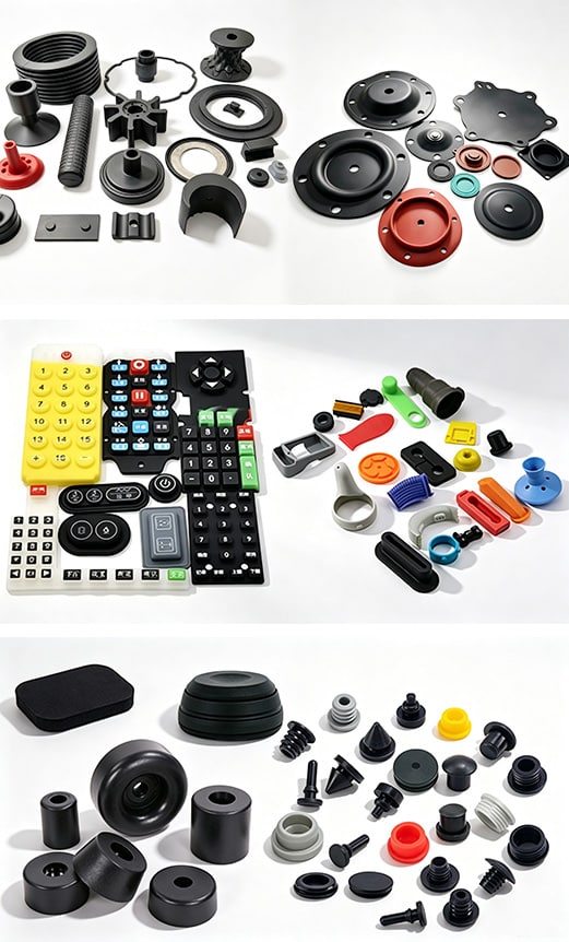 Standard silicone components used in measurement and instrumentation devices, including O-rings, gaskets, protective covers, and functional silicone parts.